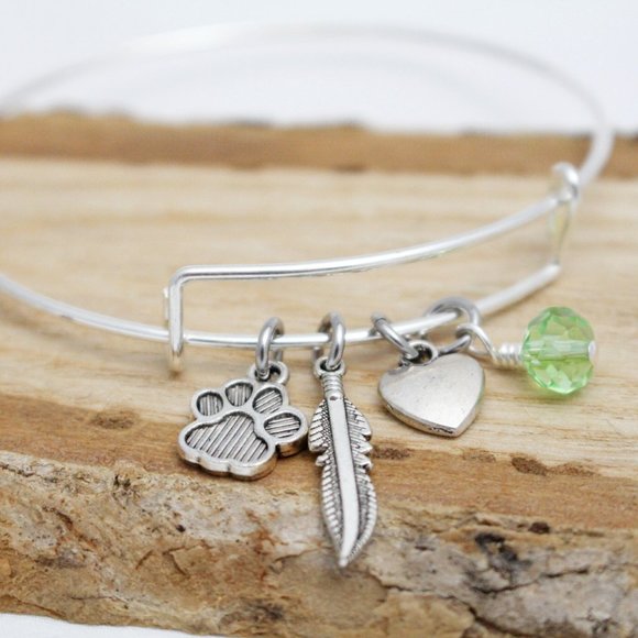 Paw Print, Feather & Heart Adjustable Charm Bangle - Handcrafted Hypoall… - Picture 3 of 4